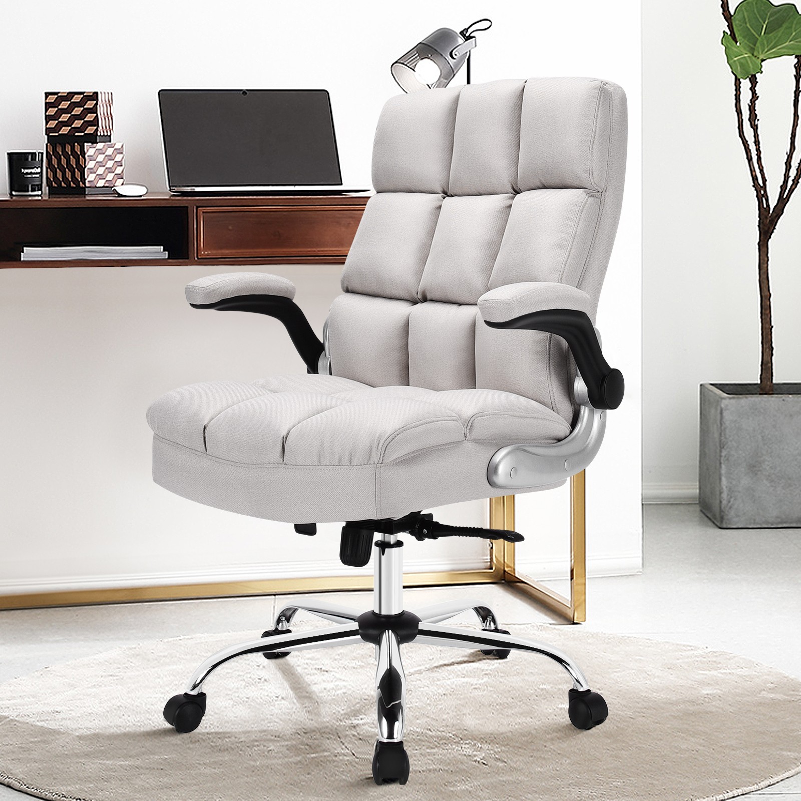 Costway High Back Big & Tall Office Chair Adjustable Swivel w/Flip-up Arm Beige