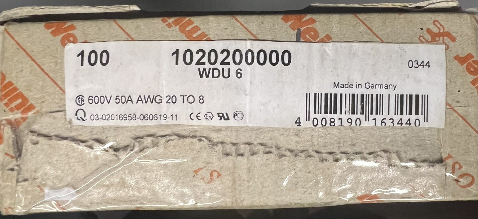 BOX OF 100 WEIDMULLER 1020200000 TERMINAL BLOCKS WDU 6 600V 50A AWG 20 to 8