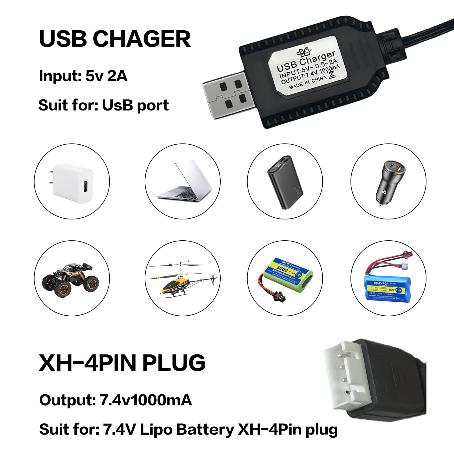 7.4V USB Charger Cable with XH-4Pin Plug Universal Compatible RC Car RC Plane…