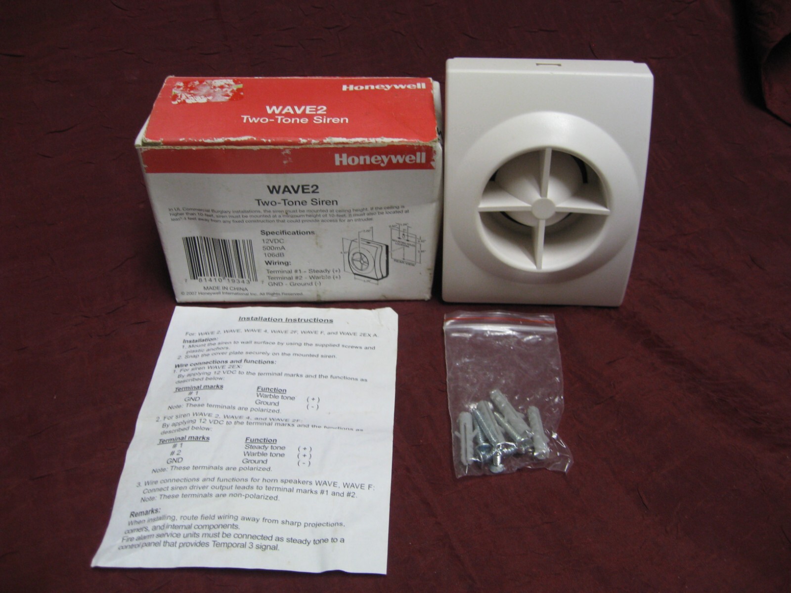 Honeywell WAVE 2 Two-Tone alarm Siren 12 vdc 106db w. Manual + Screws