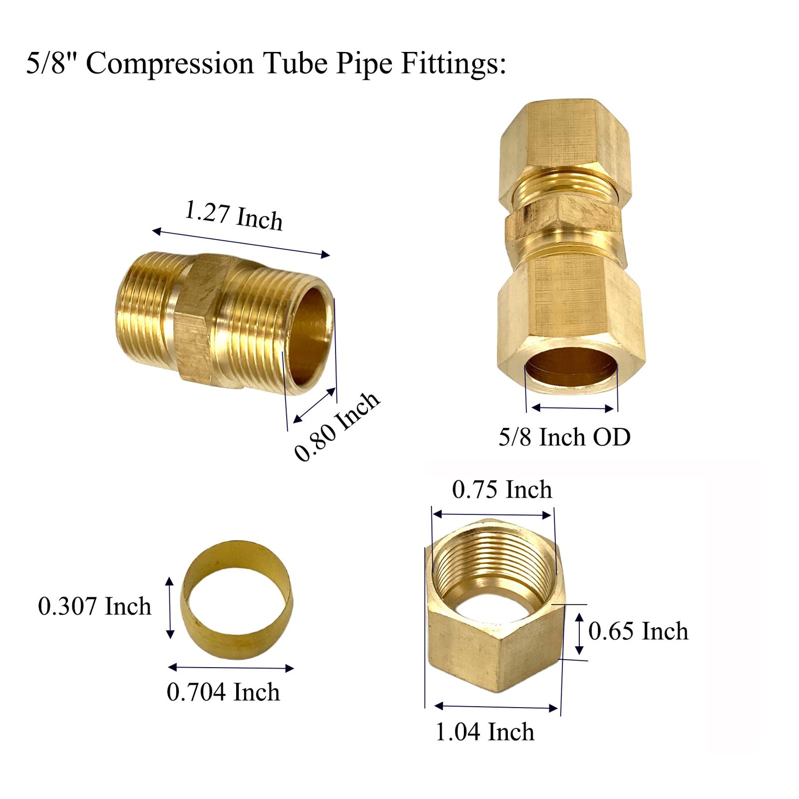 2 Pcs 5/8″ Brass Compression Pipe Tube OD x OD,