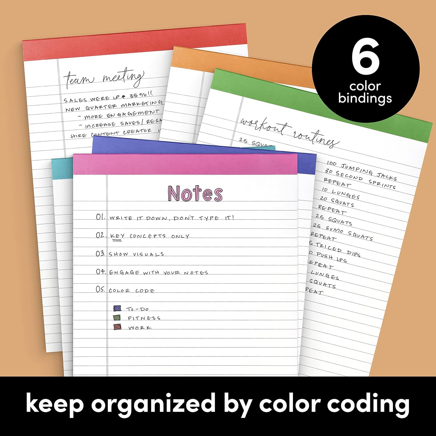 6 Pack Lined Legal Pads 8.5×11″ Wide Ruled Notebook Color Binding 50 Sheets