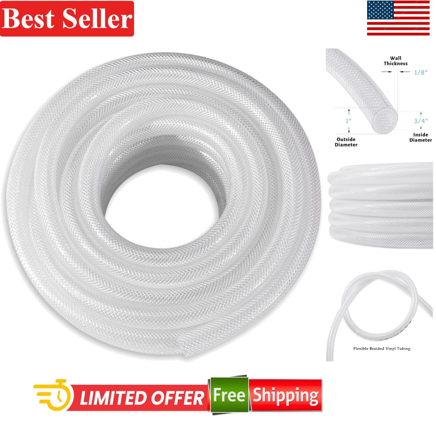 3/4 Inch ID 5 Ft Clear Reinforced PVC Braided Hose High Pressure Water Gas