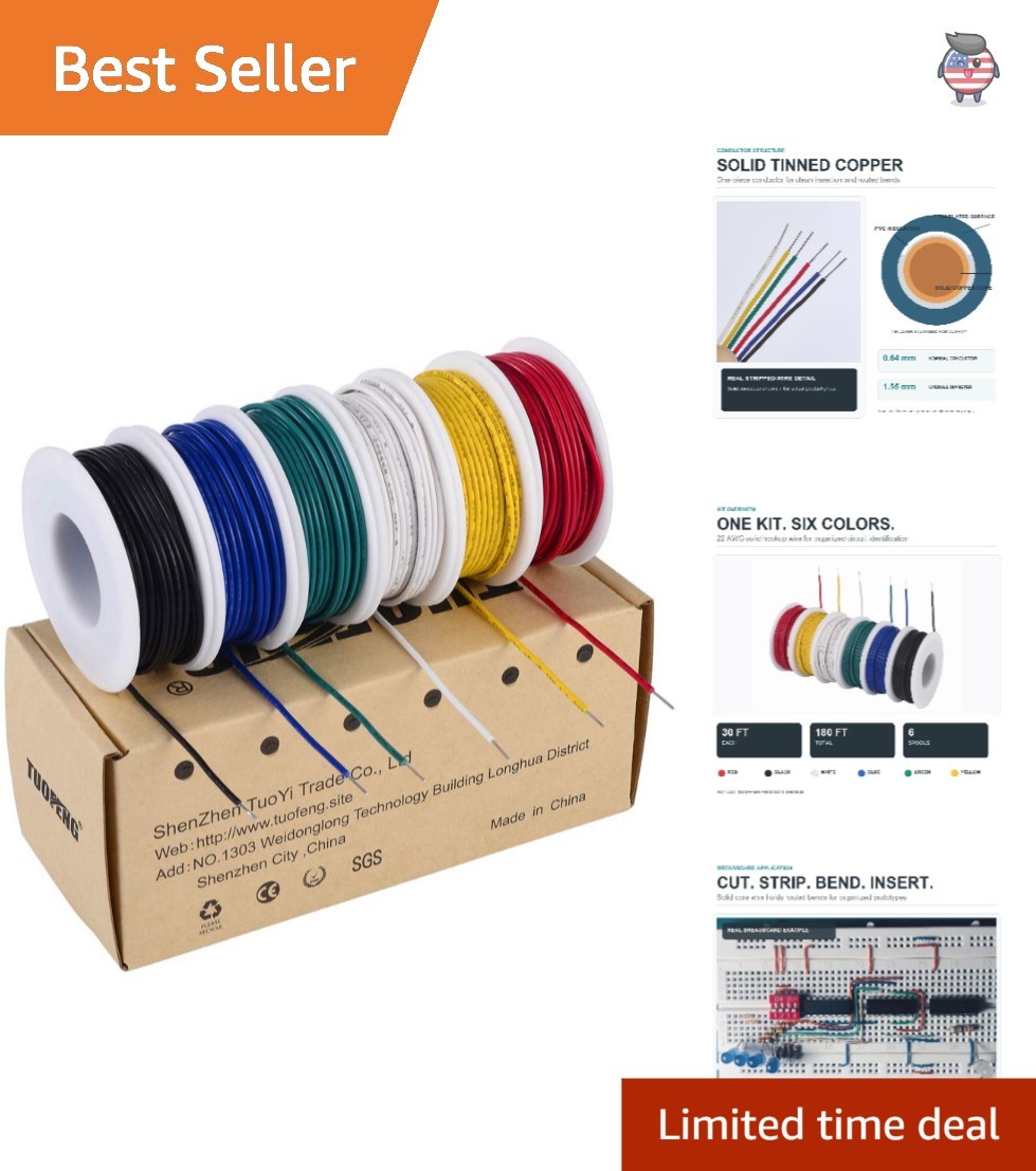 22 AWG Solid Wire Kit – 6 Colors, 30 ft Each | Ideal for Electronics Projects