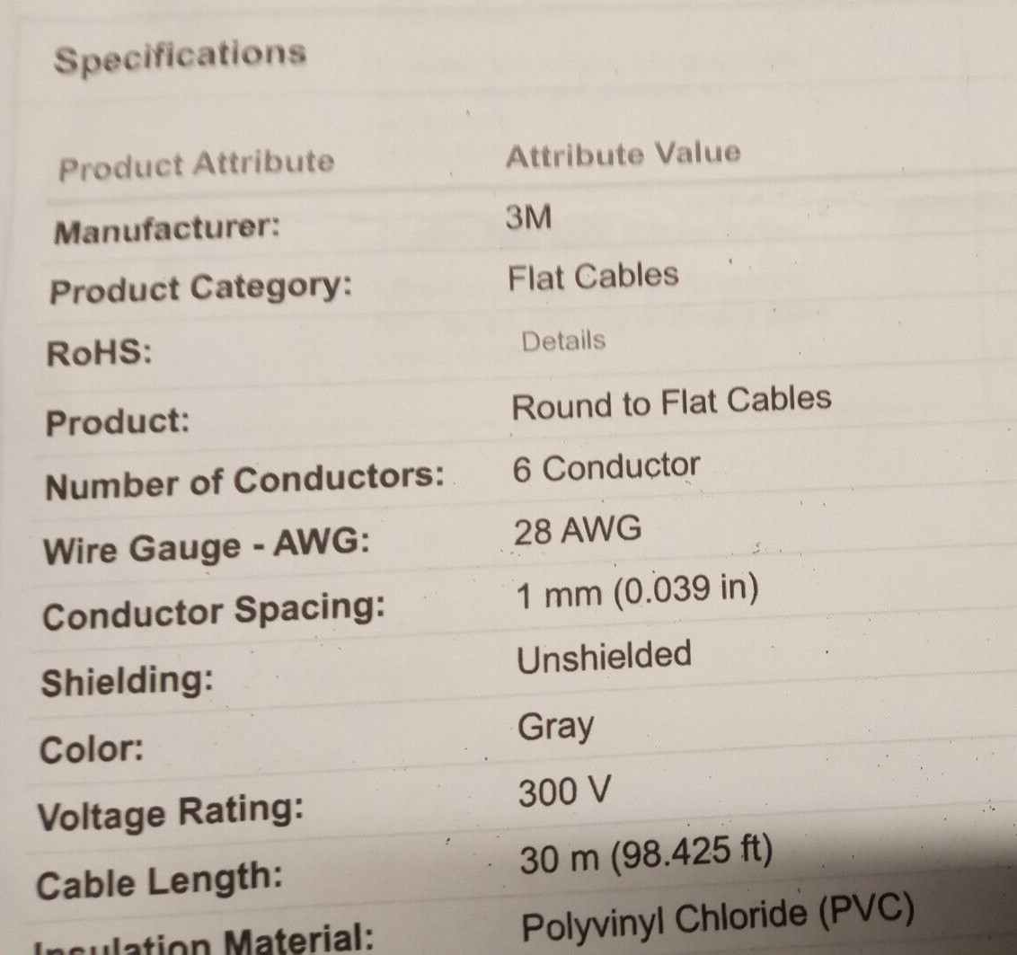 3M 3625/06 Flat Ribbon Wire 6 Conductor 28 AWG Unshielded Gray 300V UL Compliant