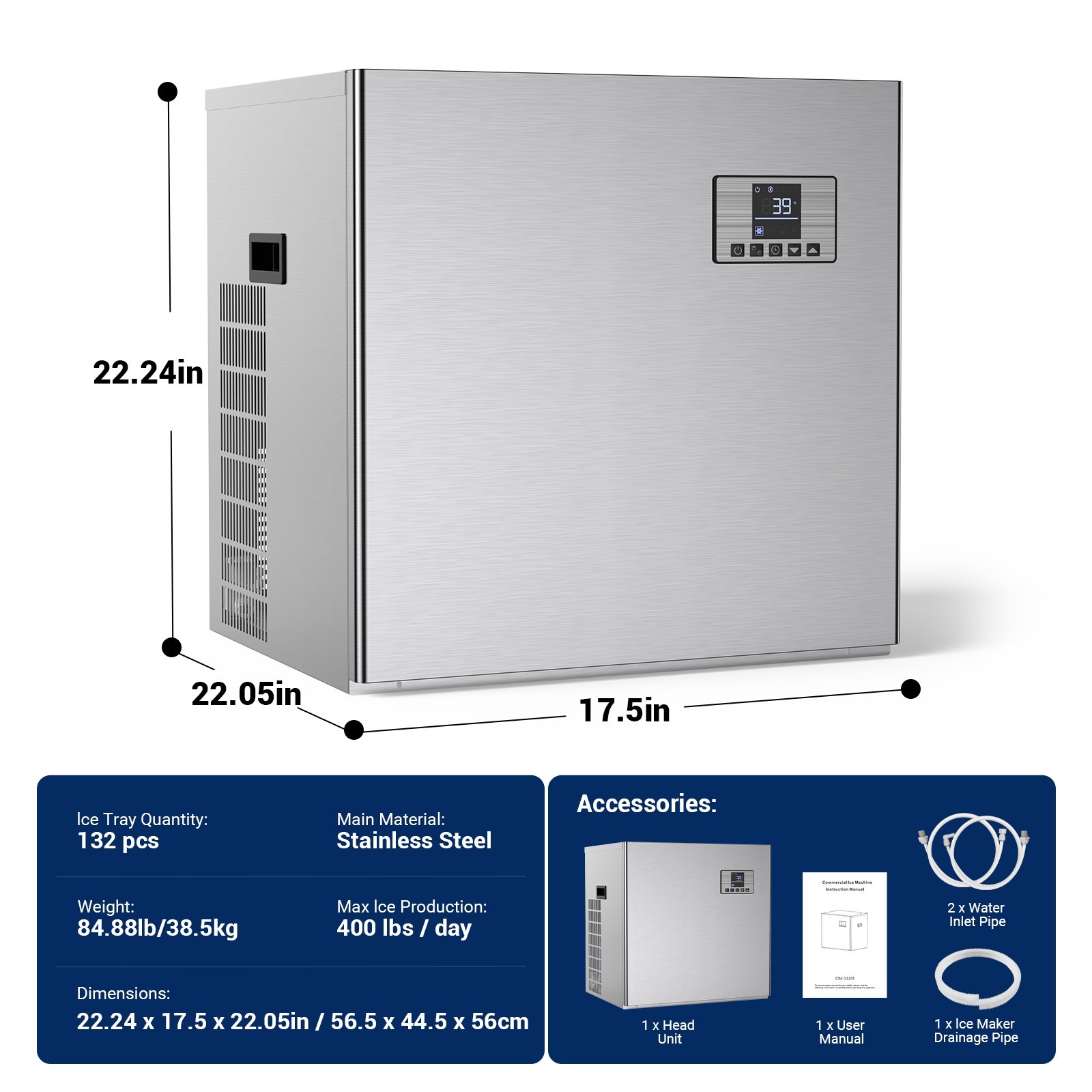 Commercial Ice Maker Machine-Head Only 400 LBS/24h 132 Ice Cubes Self-Cleaning