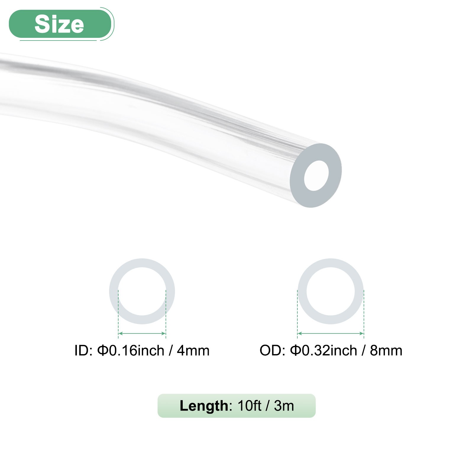 Clear Plastic Tubing, 0.16Inch(4mm) ID 0.32Inch(8mm) OD, 10ft(3.0m) Length