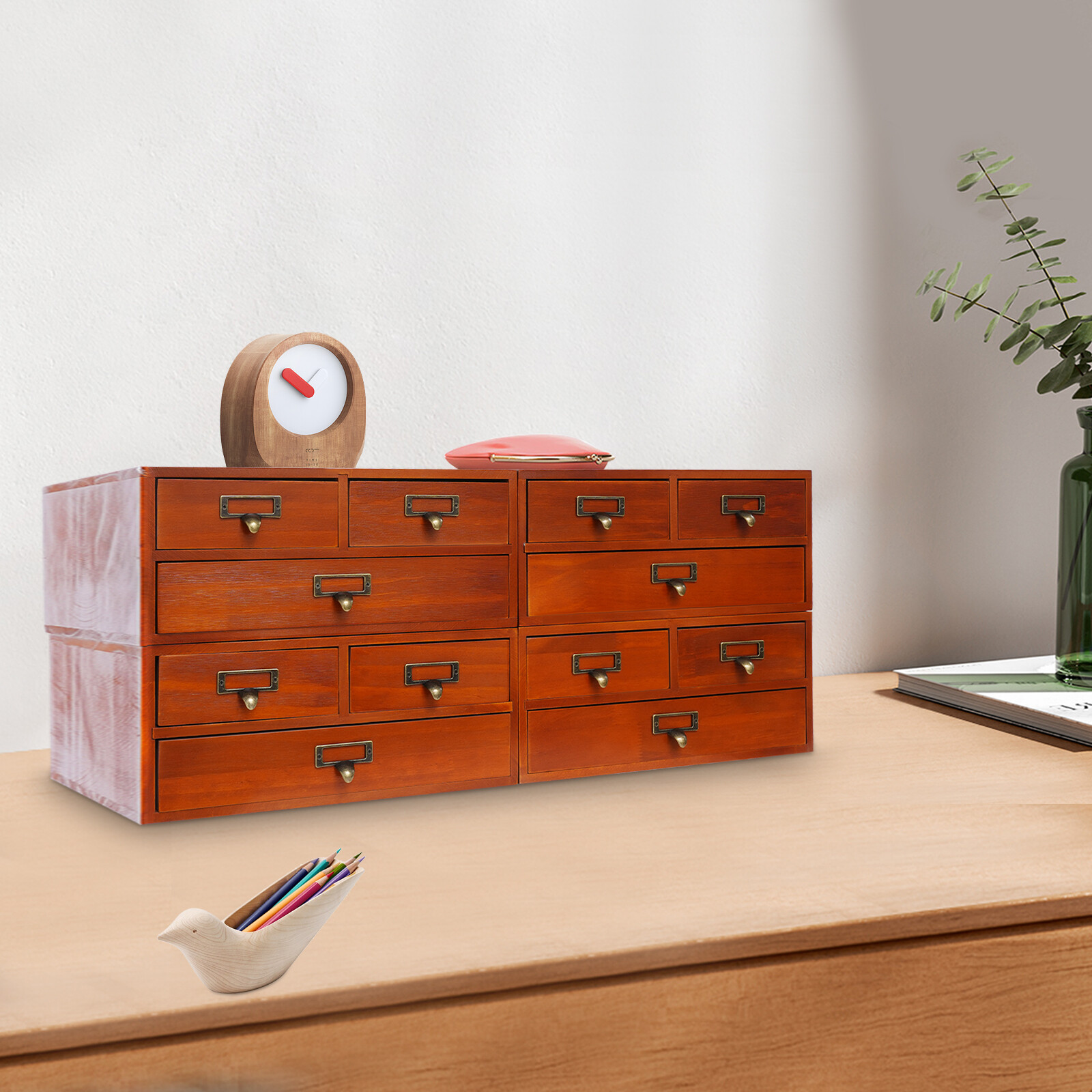 4 Pack 3 Drawer Wooden Desktop Organizer Drawer Storage Box For Tabletop- Brown