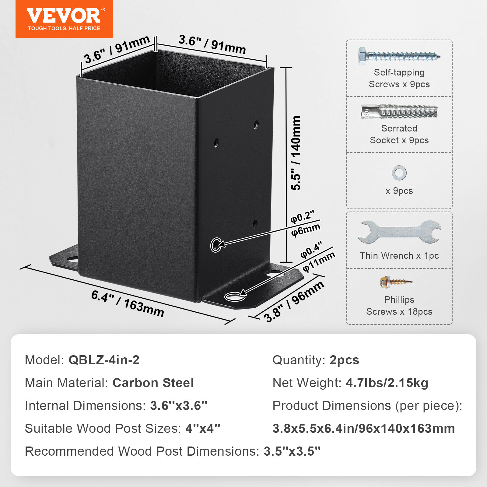 VEVOR 2 Pack 4×4 Post Base Brackets Heavy Duty Wood Post Fence Post Anchor