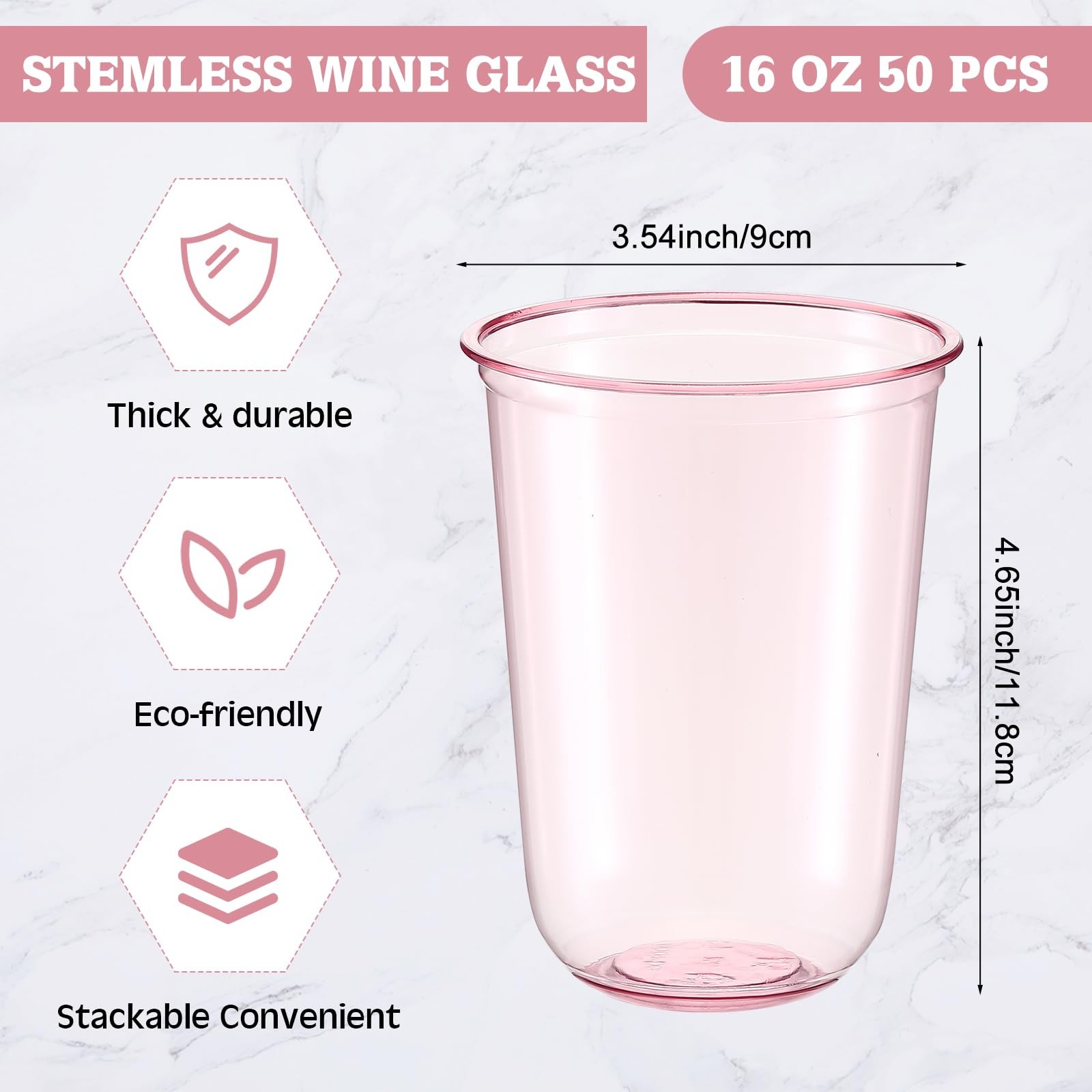 50 Pcs 16oz Disposable Stemless Glasses Crystal Plastic Wine Glasses Clear Pe…