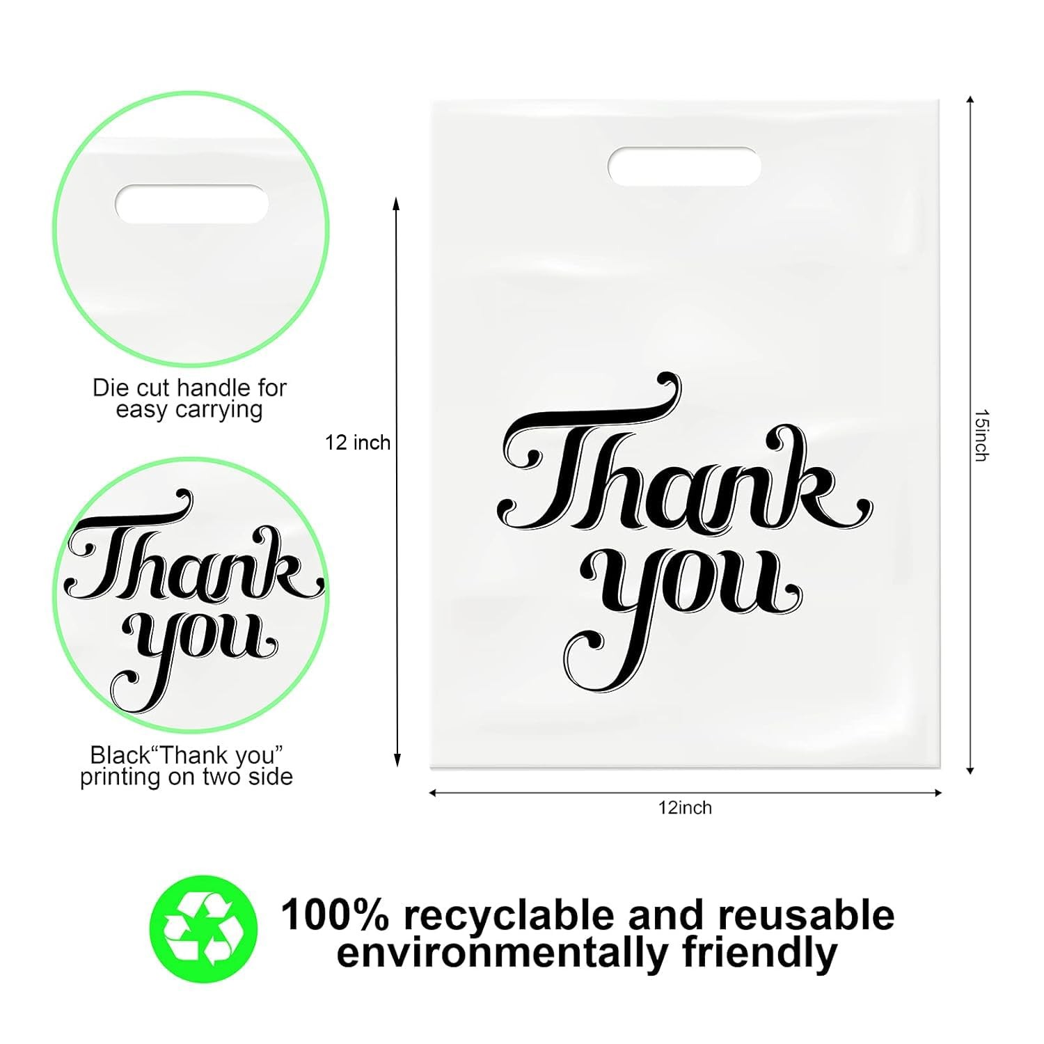 100 Pcs White 12×15″ Thank You Bags, Shopping 1 Count (Pack of 100),