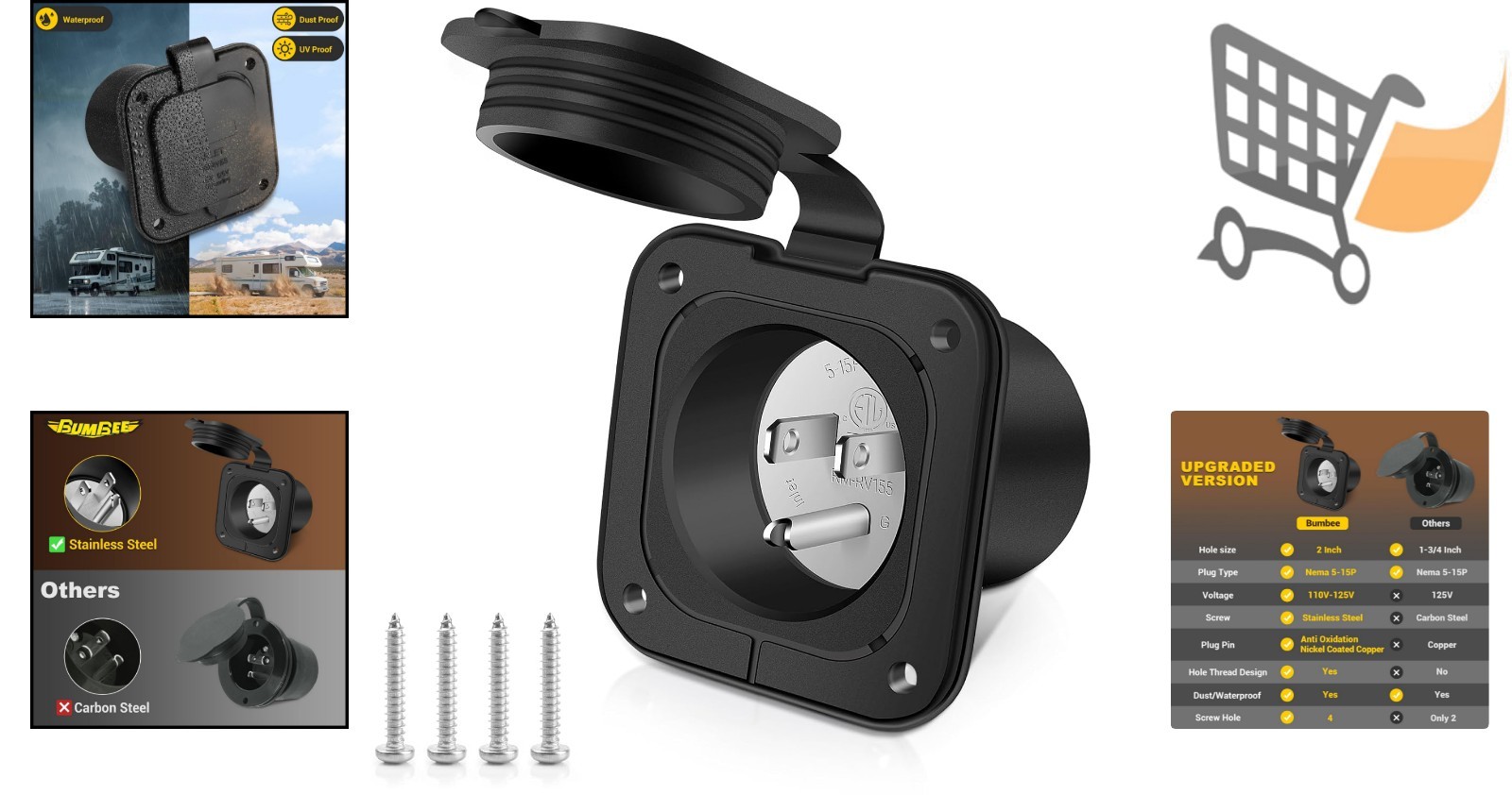 15 Amp AC Inlet Plug Marine RV Electrical Port Waterproof Cover Outdoor
