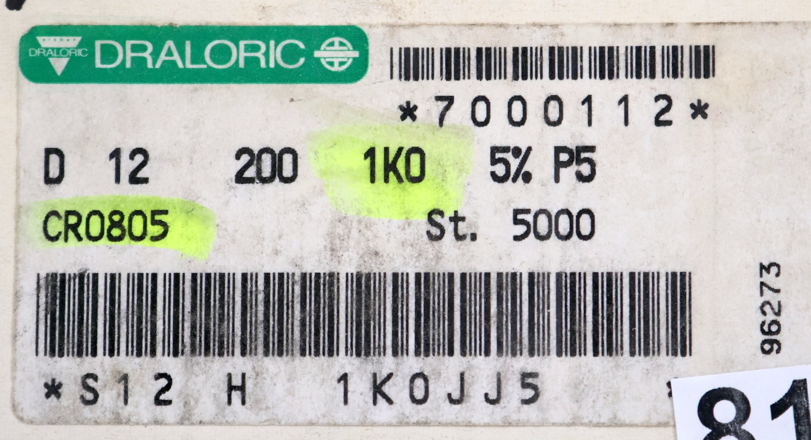 DRALORIC 5000x SMD Resistor 1.0kΩ S12 H 1K0JJ5 1000 Ohm Model CR0805