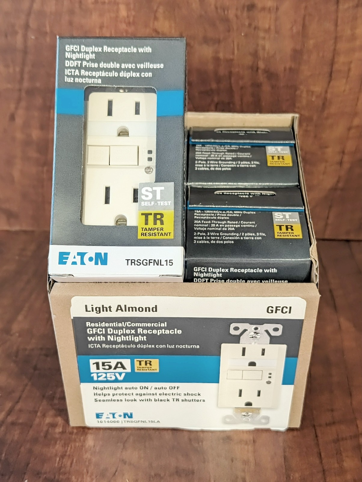 4 x Eaton 15A GFCI Receptacle with Nightlight TRSGFNL15, Light Almond 5-15R LA