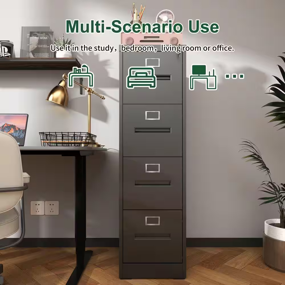 17.72 In. W 4 Drawer Steel File Cabinet with Lock, Black Filing Cabinets, Modern