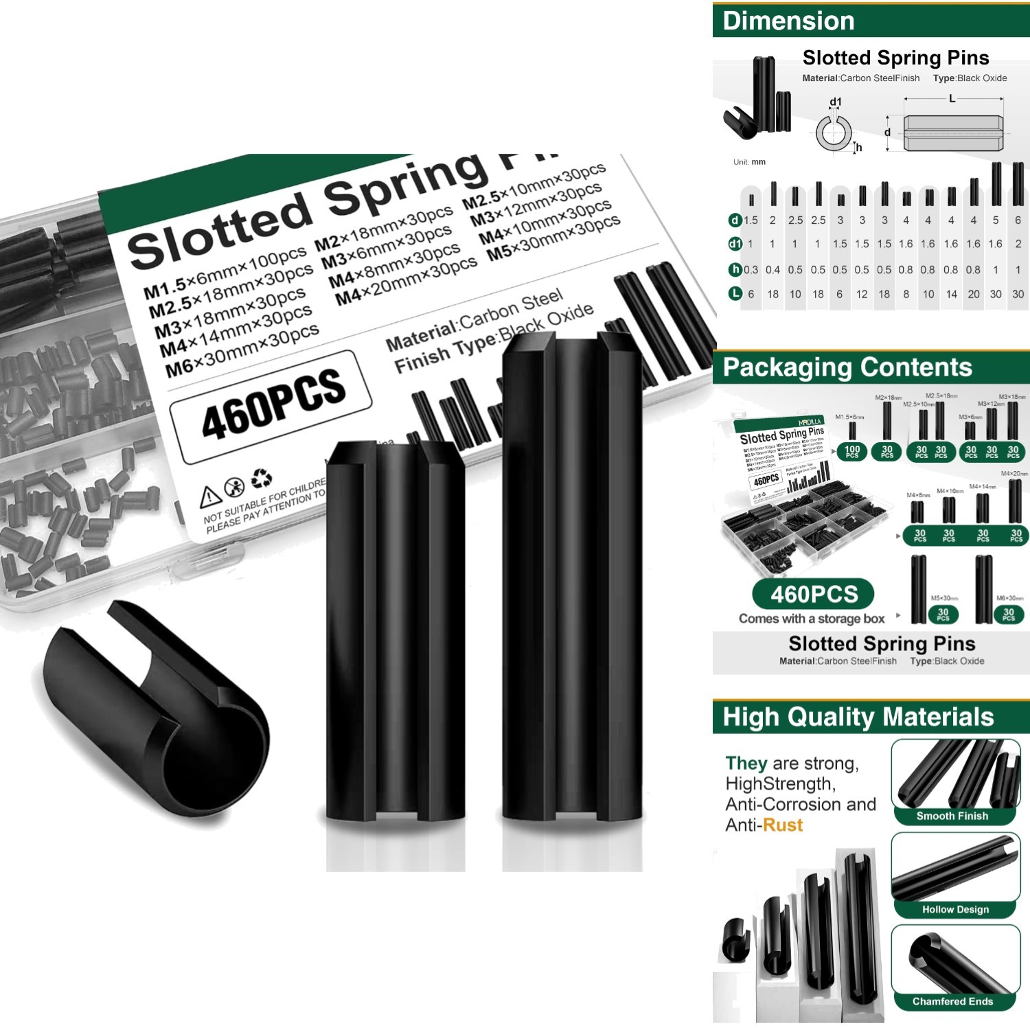 460pc Roll Pin Assortment – Metric Slotted Spring Pins M1.5-M6 Assort Kit Steel
