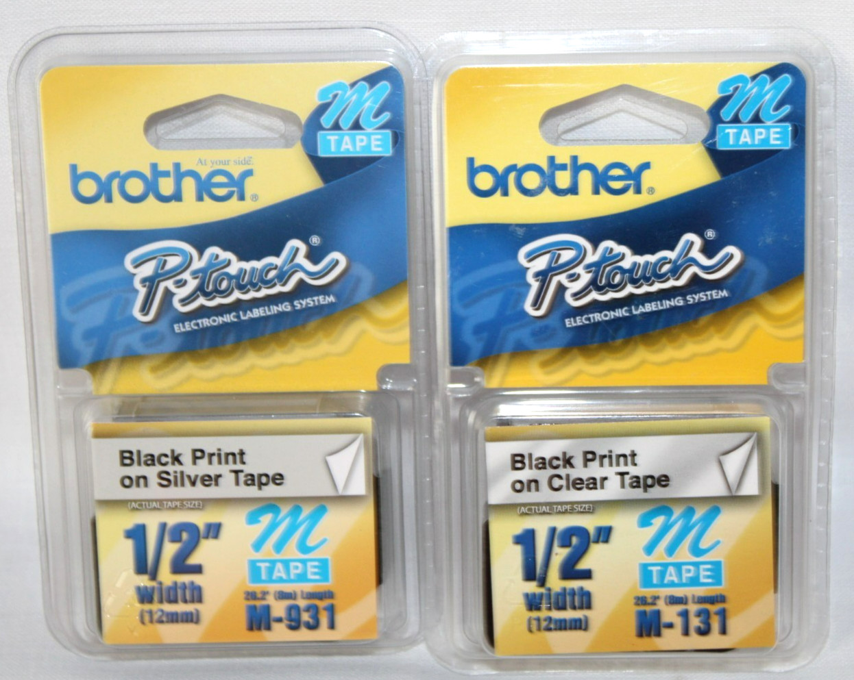 2 NEW Brother 1/2″ P-Touch Tape M-131 Black on Clear M-931 Black on Silver #14