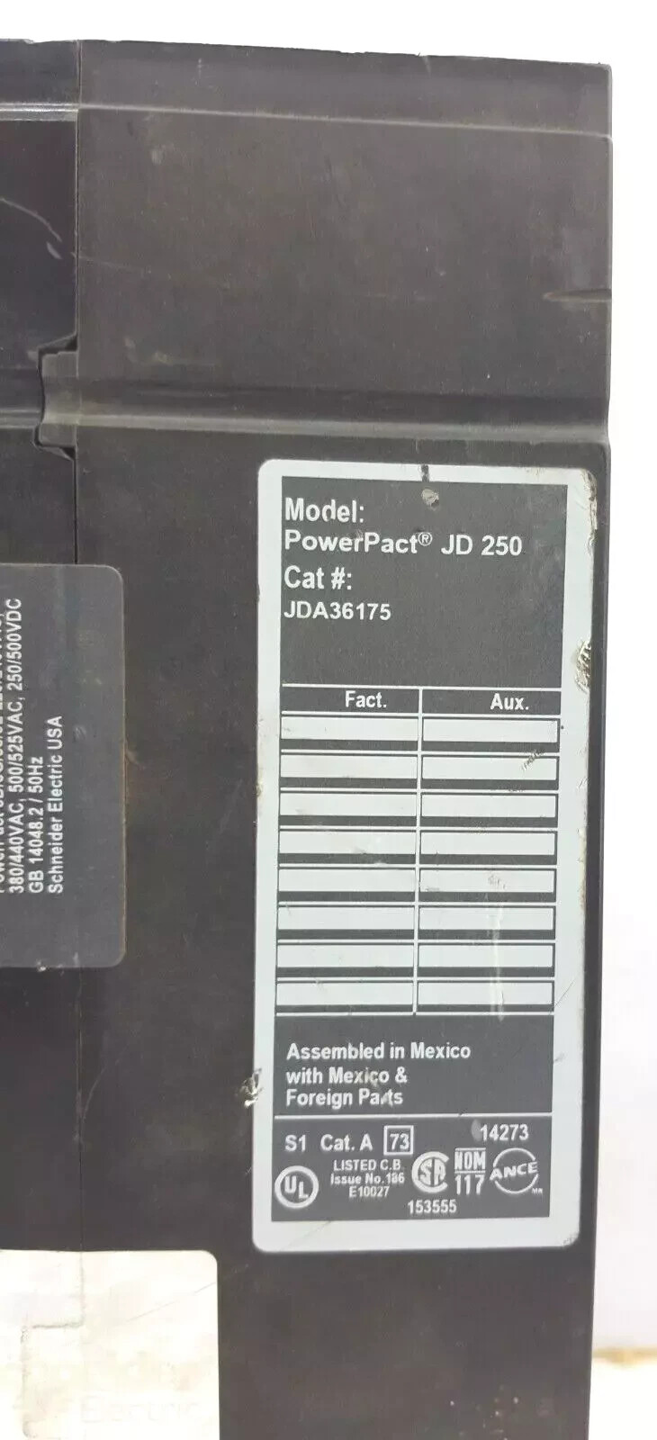 SQUARE D 3 POLE 175 AMPS JDA36175 CIRCUIT BREAEKR JDA