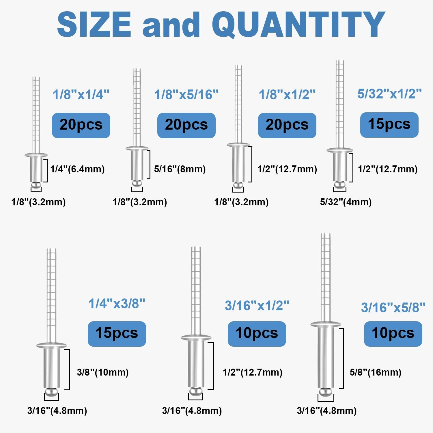 Seept 110pcs 7-Sizes 304 Stainless Steel Pop Rivets Assortment Kit 1/8″5/32″3
