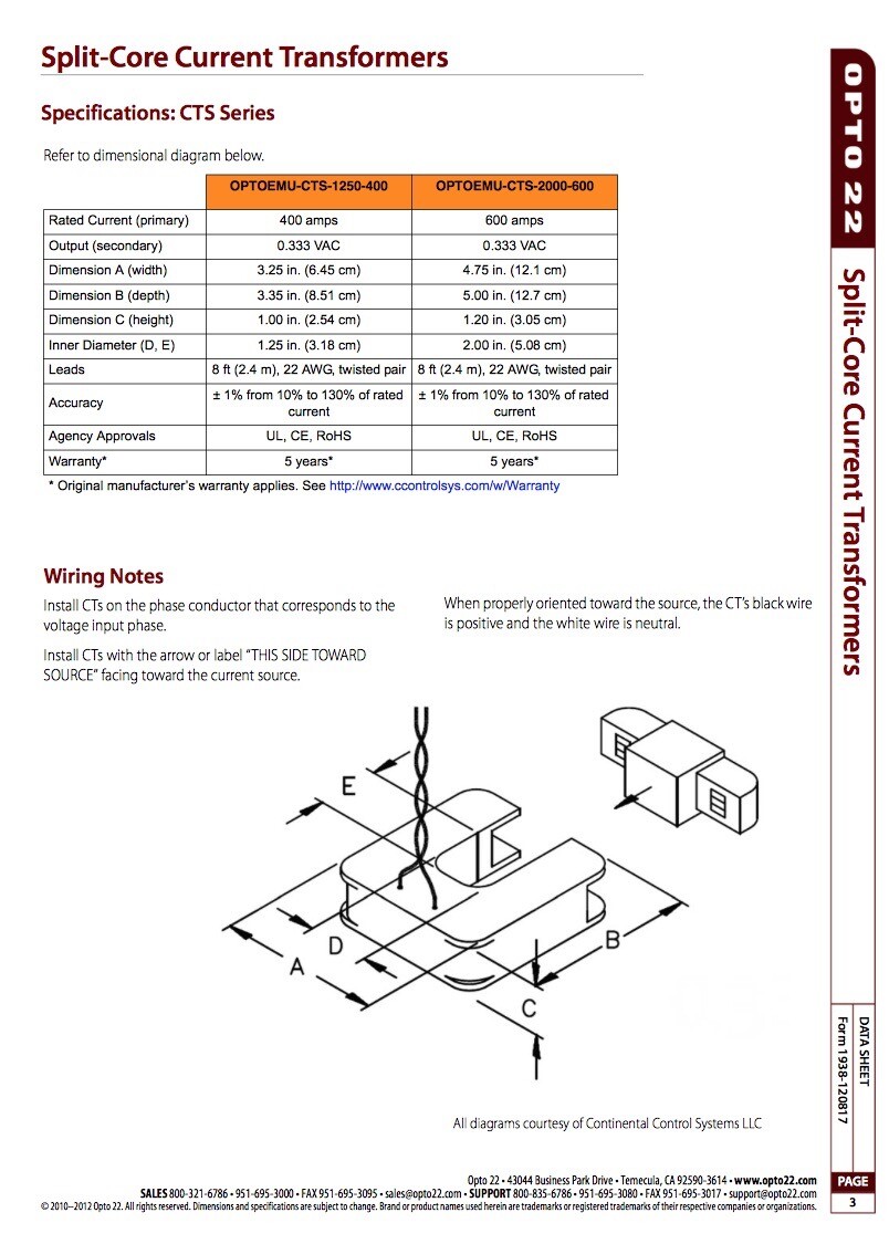 Opto22 ACCU-CT Current Transformer Split Core 100A AXT-0750-100