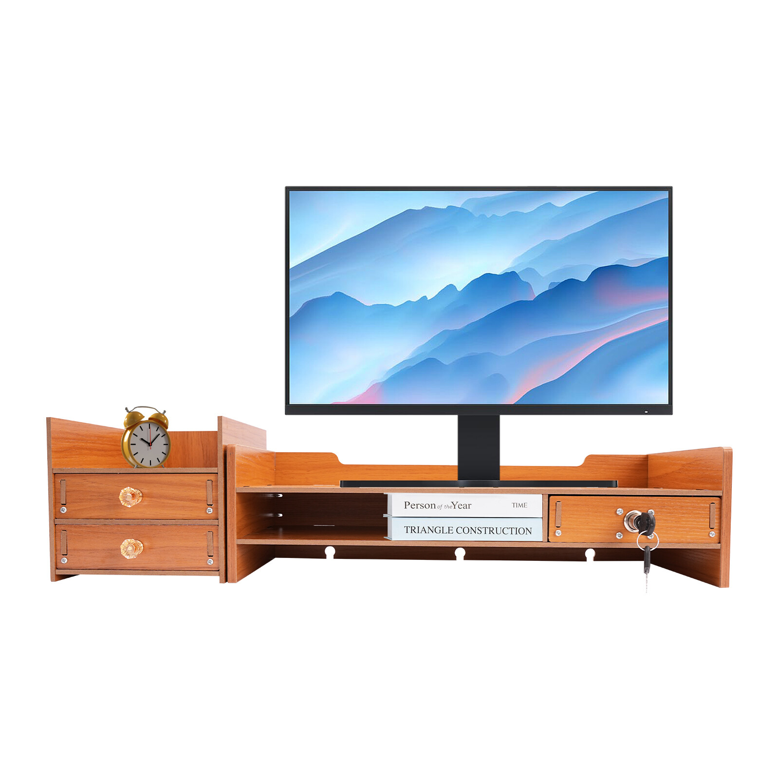 Computer Monitor Stand With Lockable Drawer & Phone Holder For Home Office