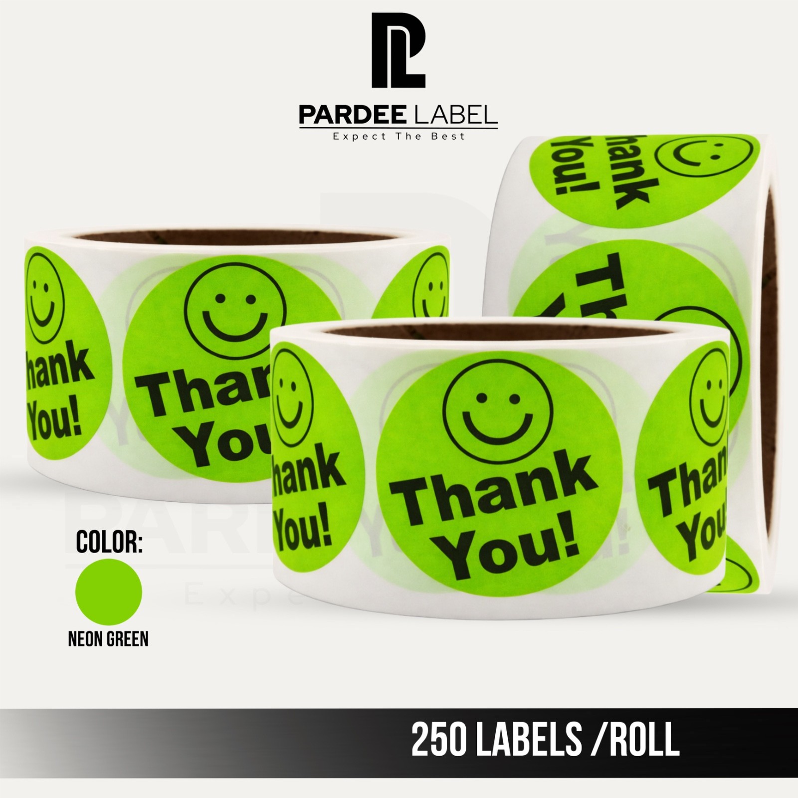 Thank You Stickers Neon Green 2” Circle – 250 Labels Per Roll – Smile Face