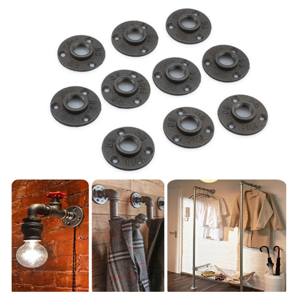 1/2″ BLACK MALLEABLE IRON FLOOR FLANGE fitting pipe npt – LOT OF 10 – vintage