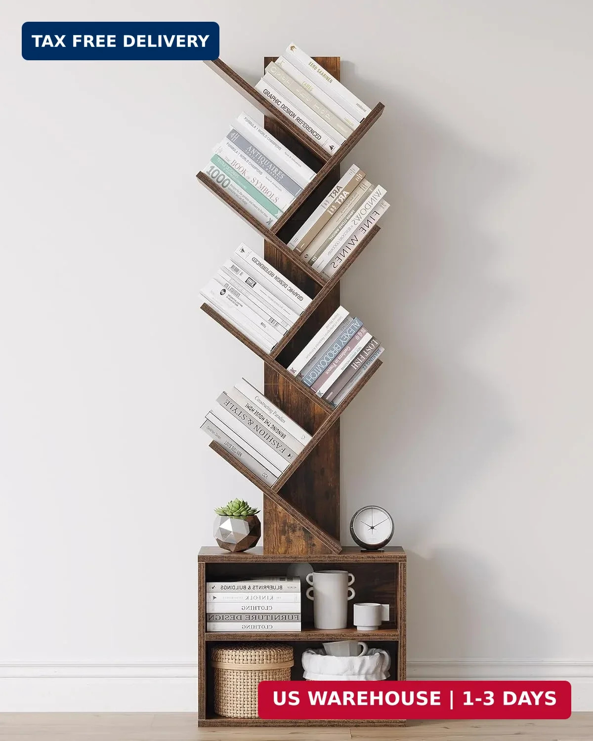 6 Tier Tree Bookshelf, Small Bookcase with Storage Cabinet, Modern Tall Narrow B