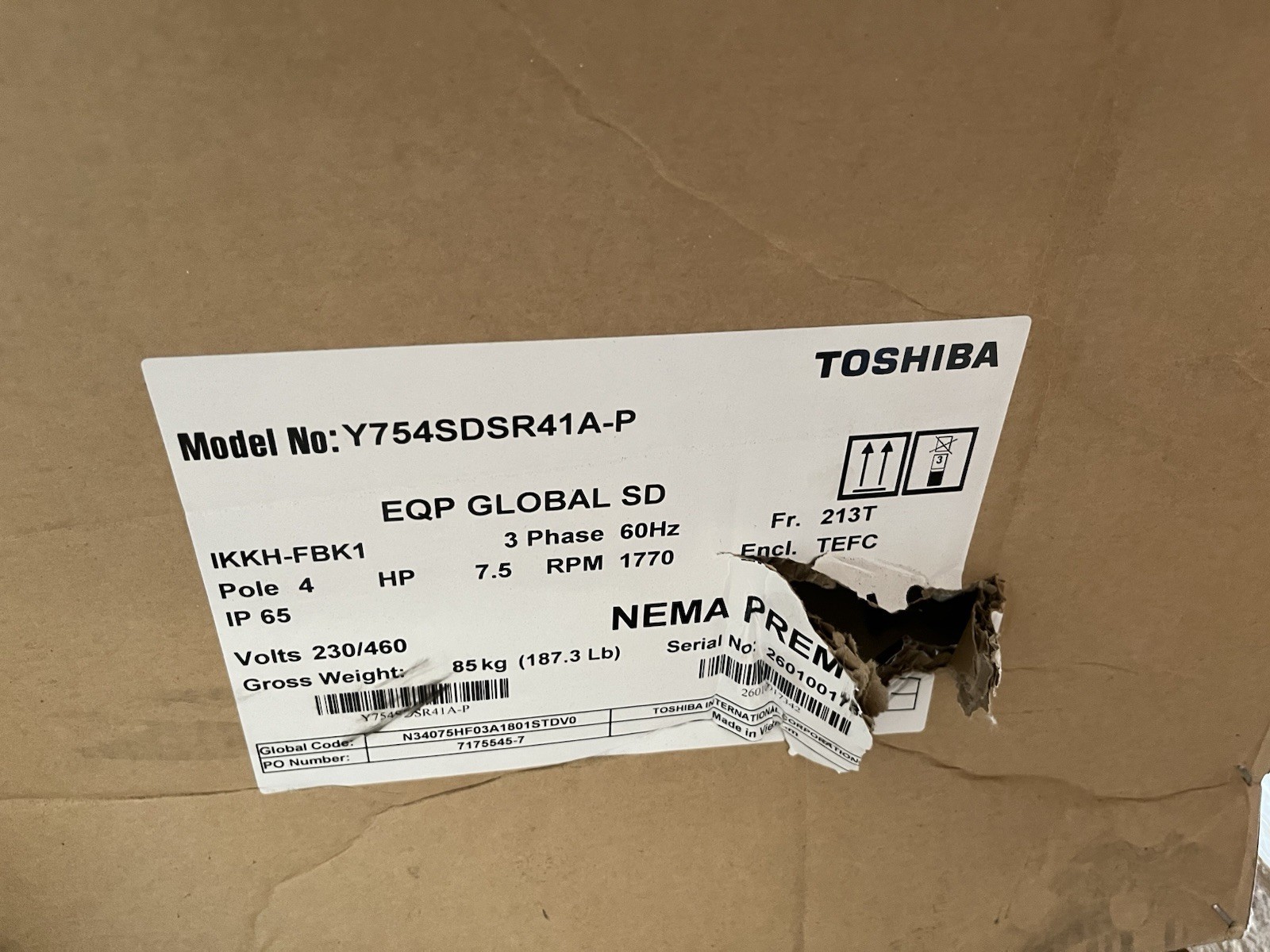 Toshiba 7.5HP High Efficiency AC Induction Motor Y754SDSR41A-P