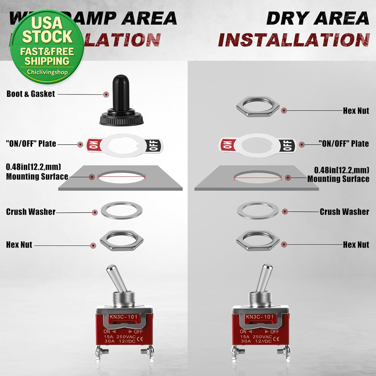 4-Pack Waterproof SPST Toggle Switches 12V DC 30A Heavy Duty Automotive Marine