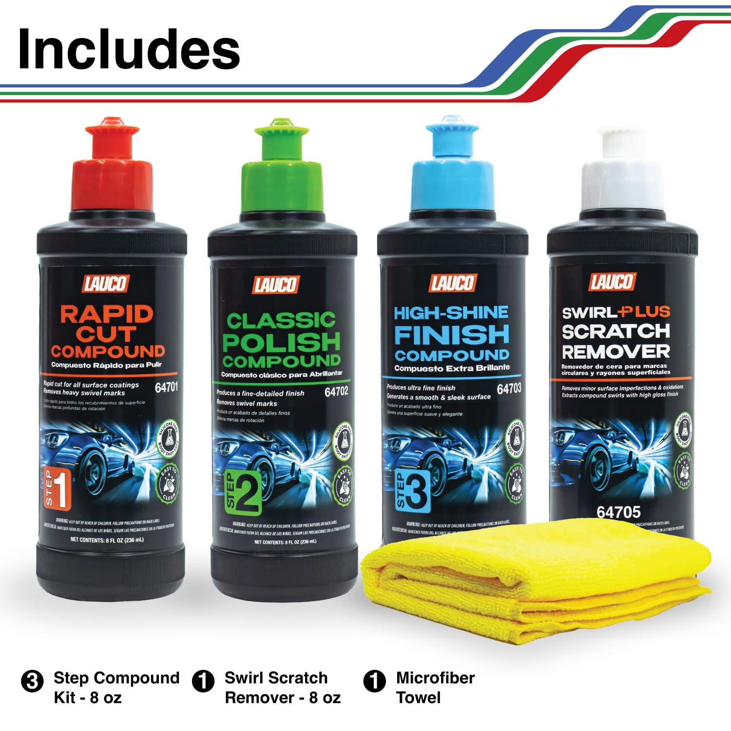 Paint Correction Compounds Step 1, 2, 3, Swirl Remover 8Oz Kits, with a Towel, S