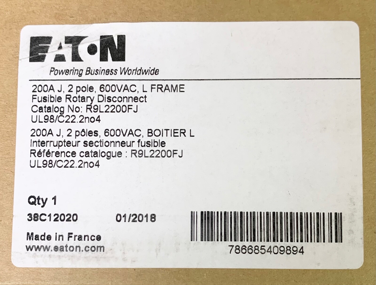 EATON R9L2200FJ 2 Pole 200 AMP L Frame Fusible Rotary Disconnect 200A J 600 VAC