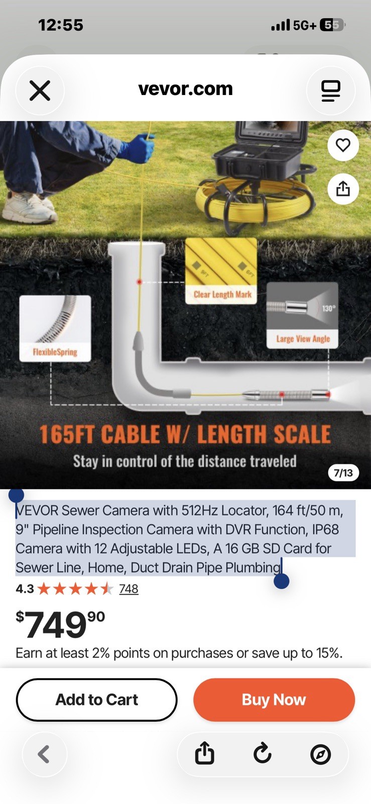 VEVOR Sewer Camera 164ft/50m 512Hz Locator 720P LCD DVR IP68 12 LED