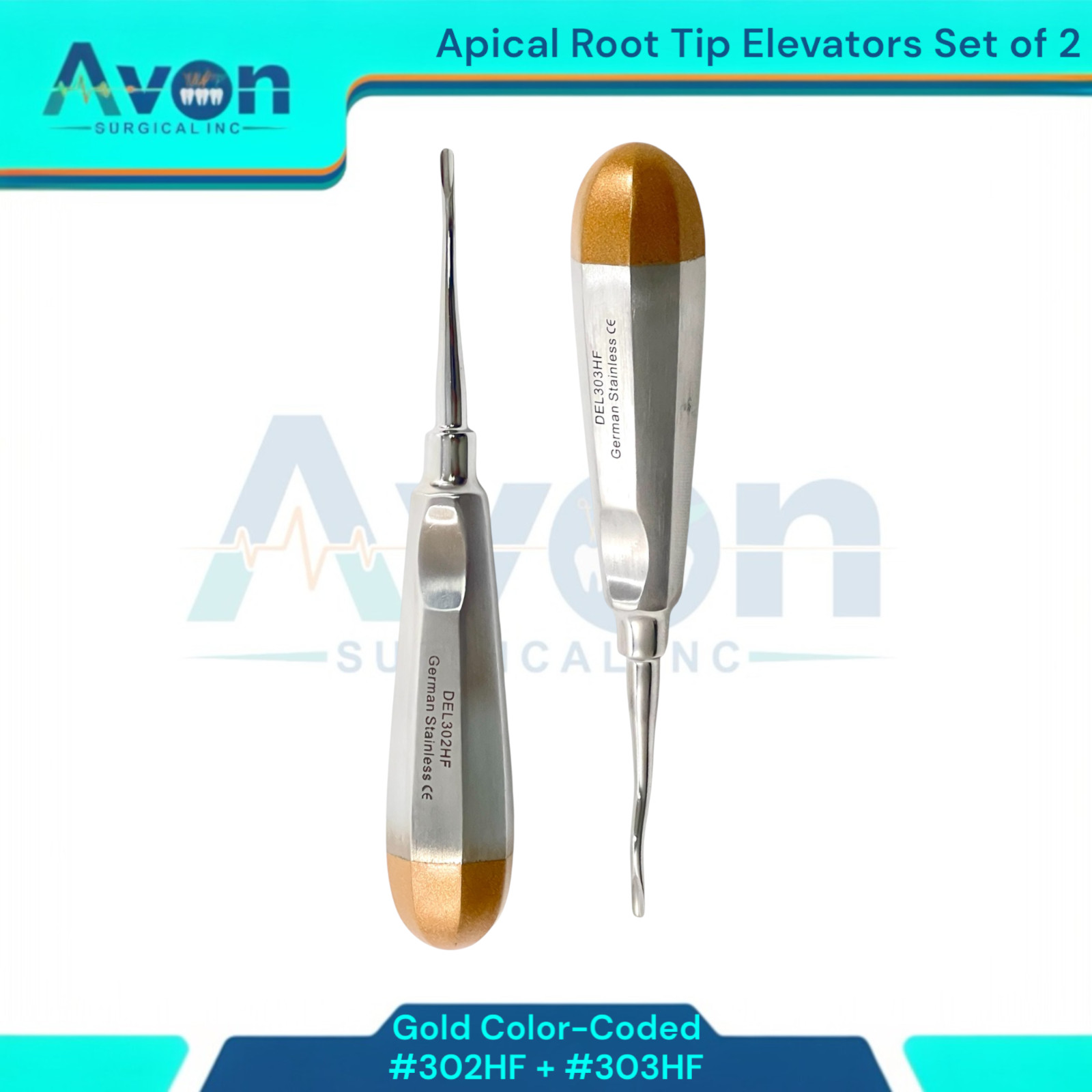 2pcs Dental Root Extraction Apical Elevator Picks, #302HF + #303HF, Stainless