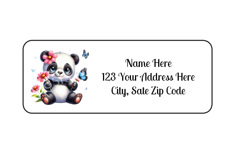 30 Adorable Panda Bear PERSONALIZED RETURN ADDRESS LABELS 1 in X 2 5/8 GLOSSY