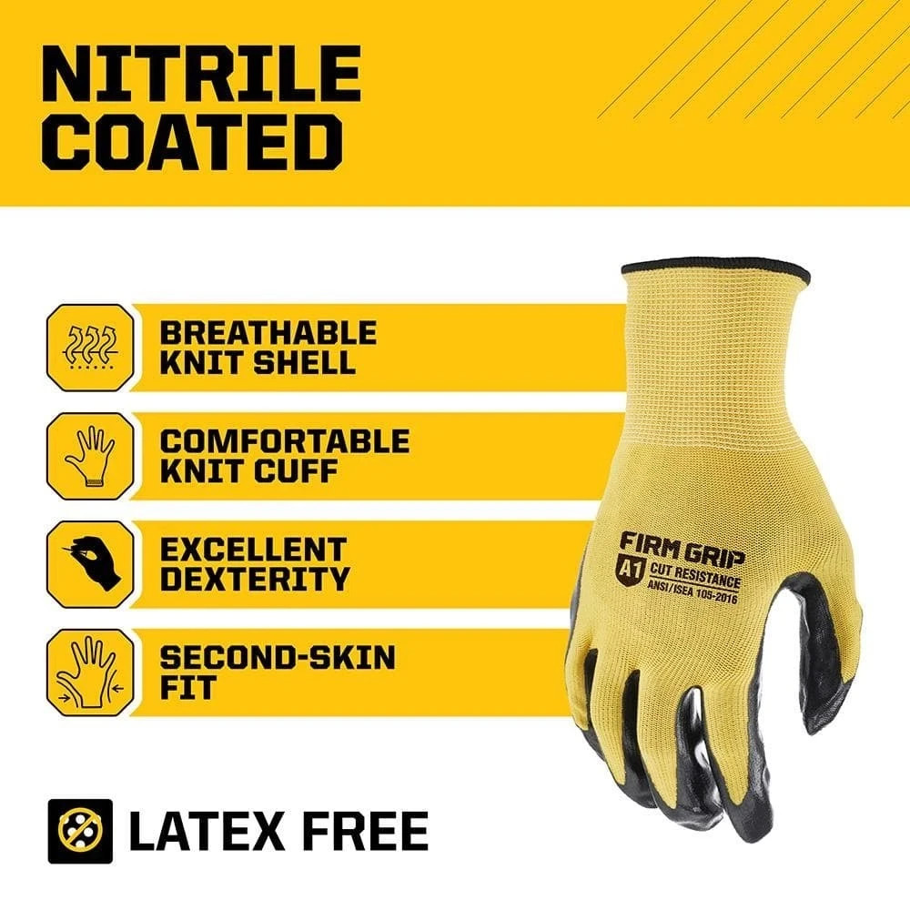 FIRM GRIP Work Gloves Men’s Large Nitrile Coated Machine Washable Yellow 10 Pack