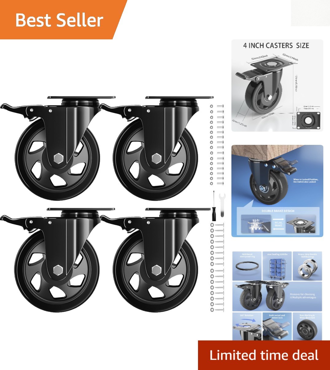 Versatile 4-Inch Heavy Duty Casters – Ideal for DIY Furniture Projects (4-Pack)