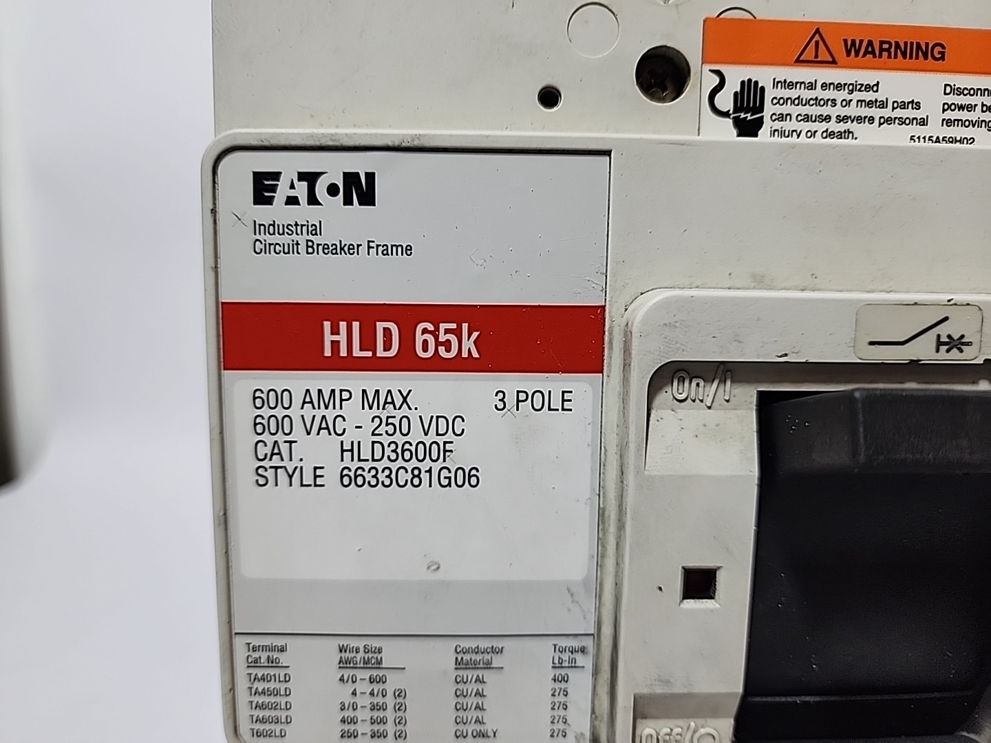 Eaton HLD3600F 600A Breaker, W/ LT3400T