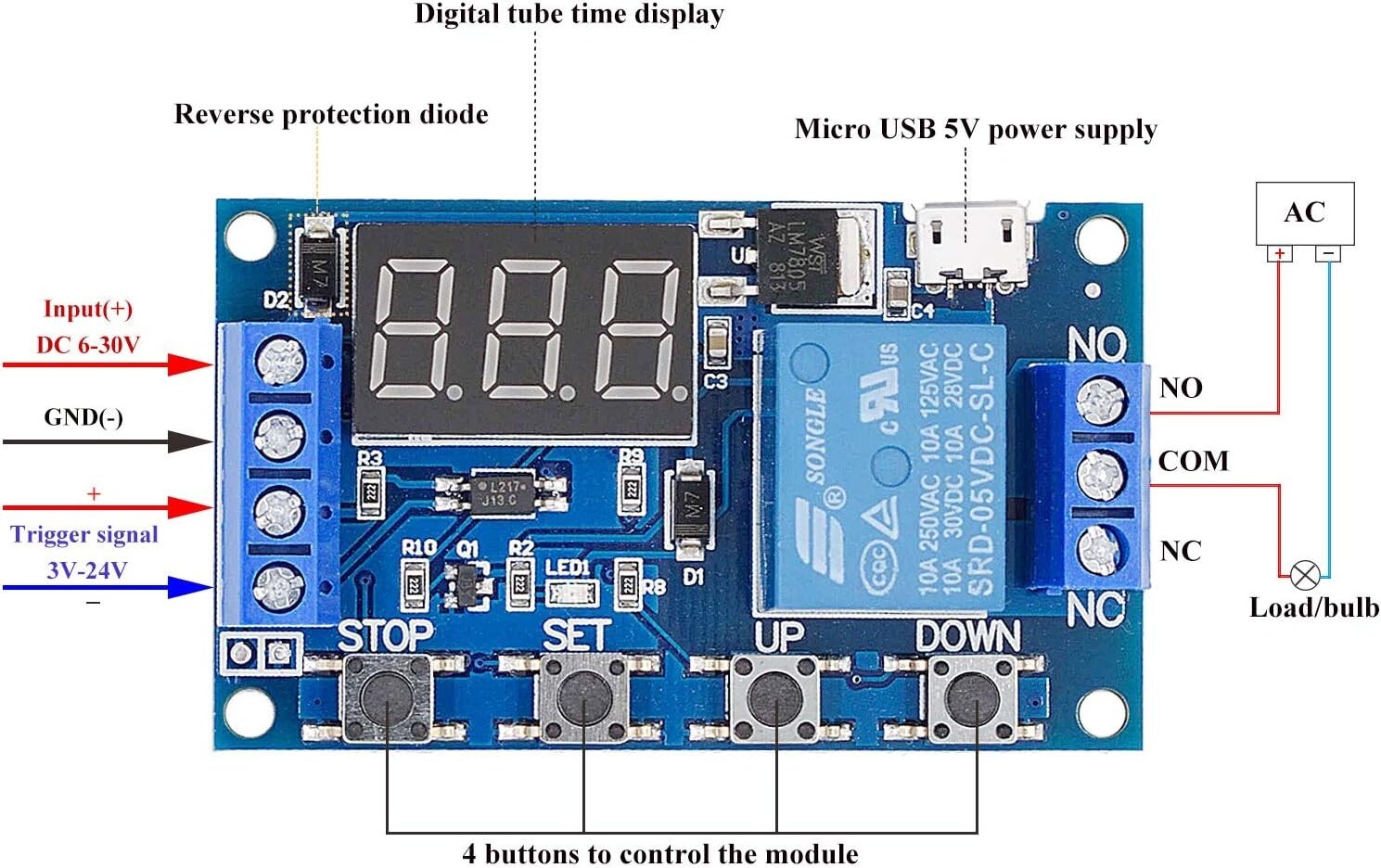 Cycle Timing One-Way Relay Module Delay Power Off Trigger Micro USB Timer
