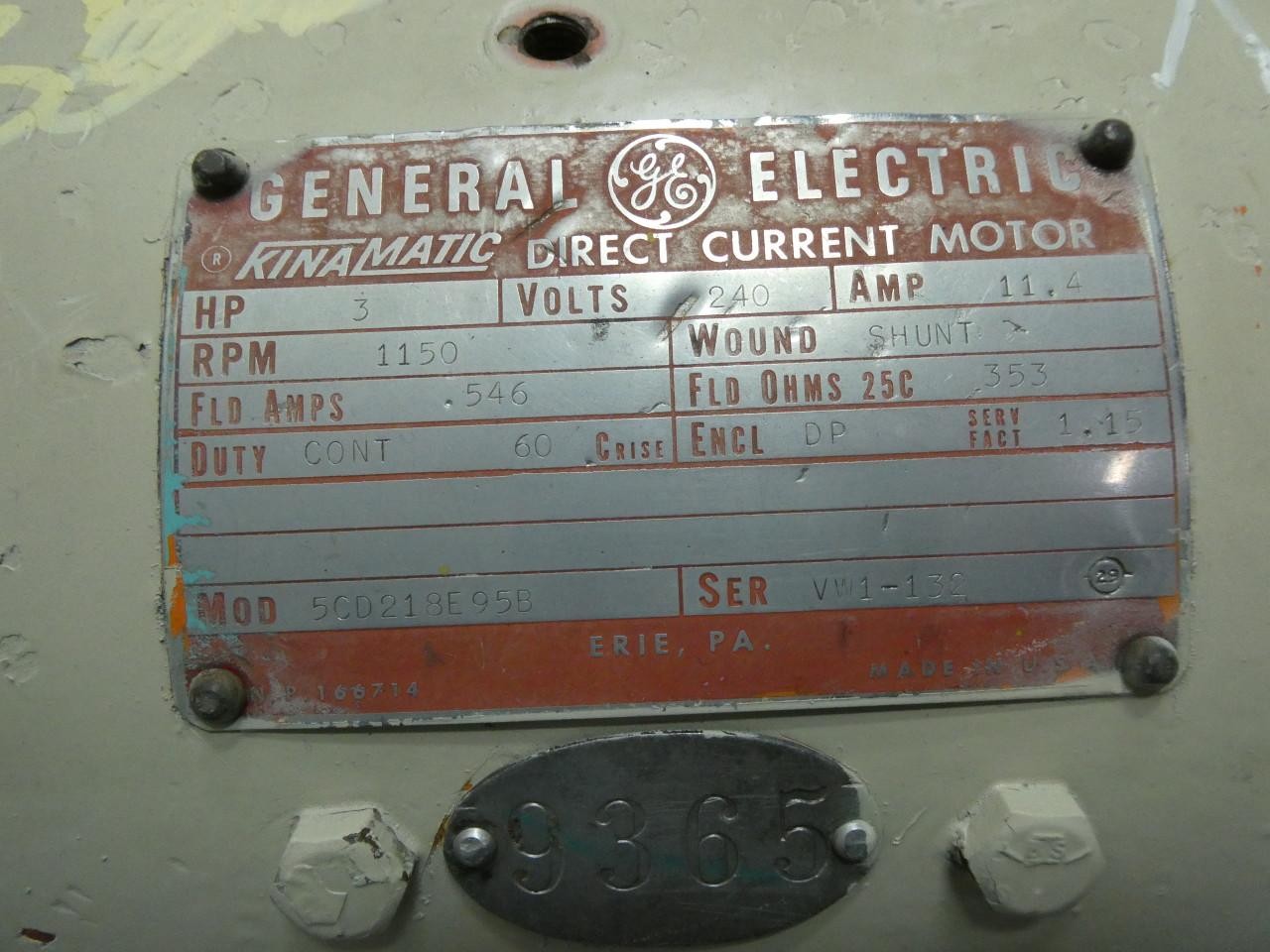 General Electric Ge 5CD218E95B Kinamatic Dc Motor 3hp 1150rpm 240v-dc