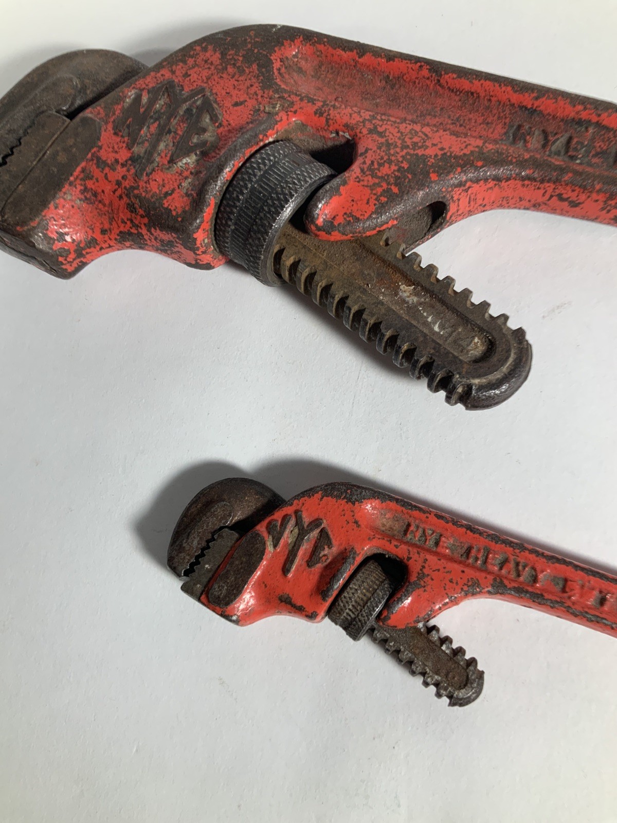 Two NYE Tool Heavy Duty Offset Pipe Wrenches, 14 and 6, vintage Steel Chicago