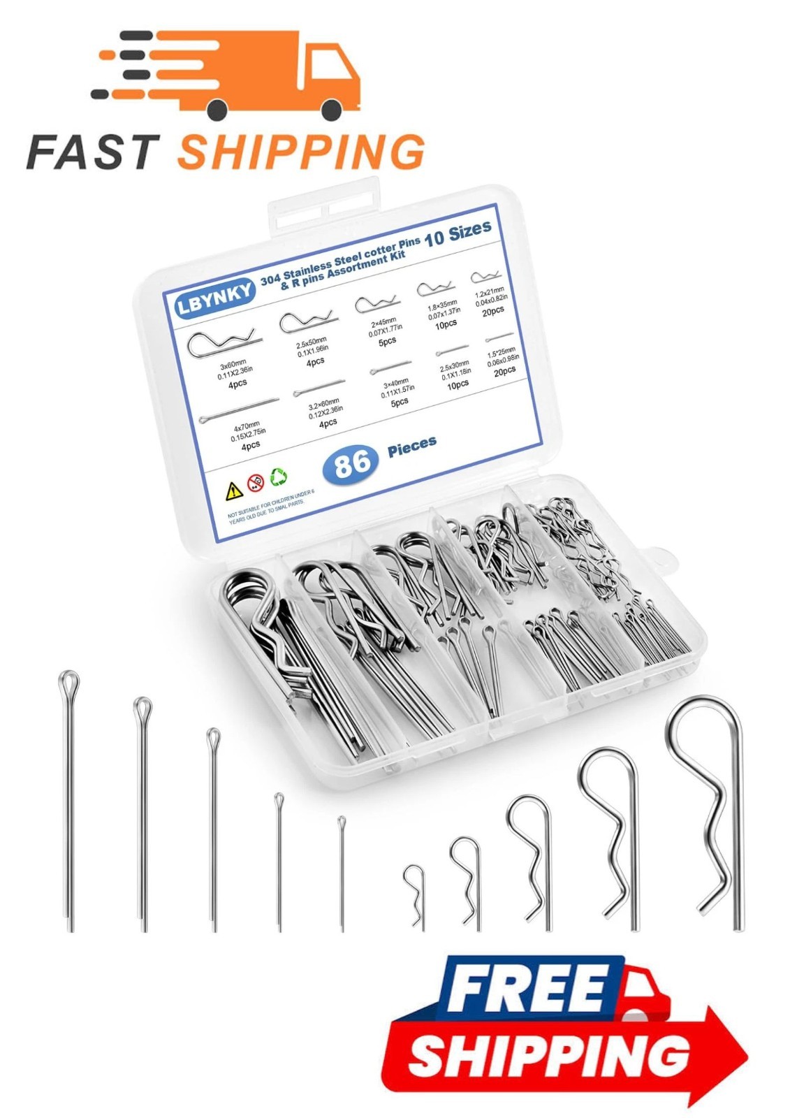86 PCS Cotter Pin Assortment Kit, 10 Sizes Stainless Steel Cotter Pins & R Clips
