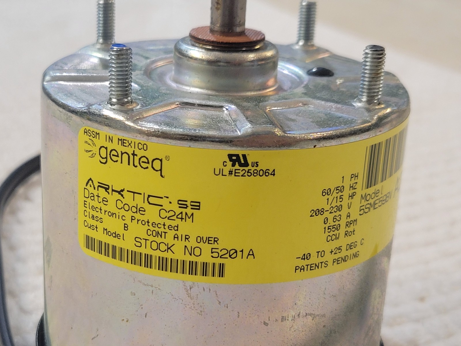 MORRILL MOTORS P/N 5201A 59 ECM REFRIGERATION MOTOR, 208-230V, 1/15HP, 1550RPM