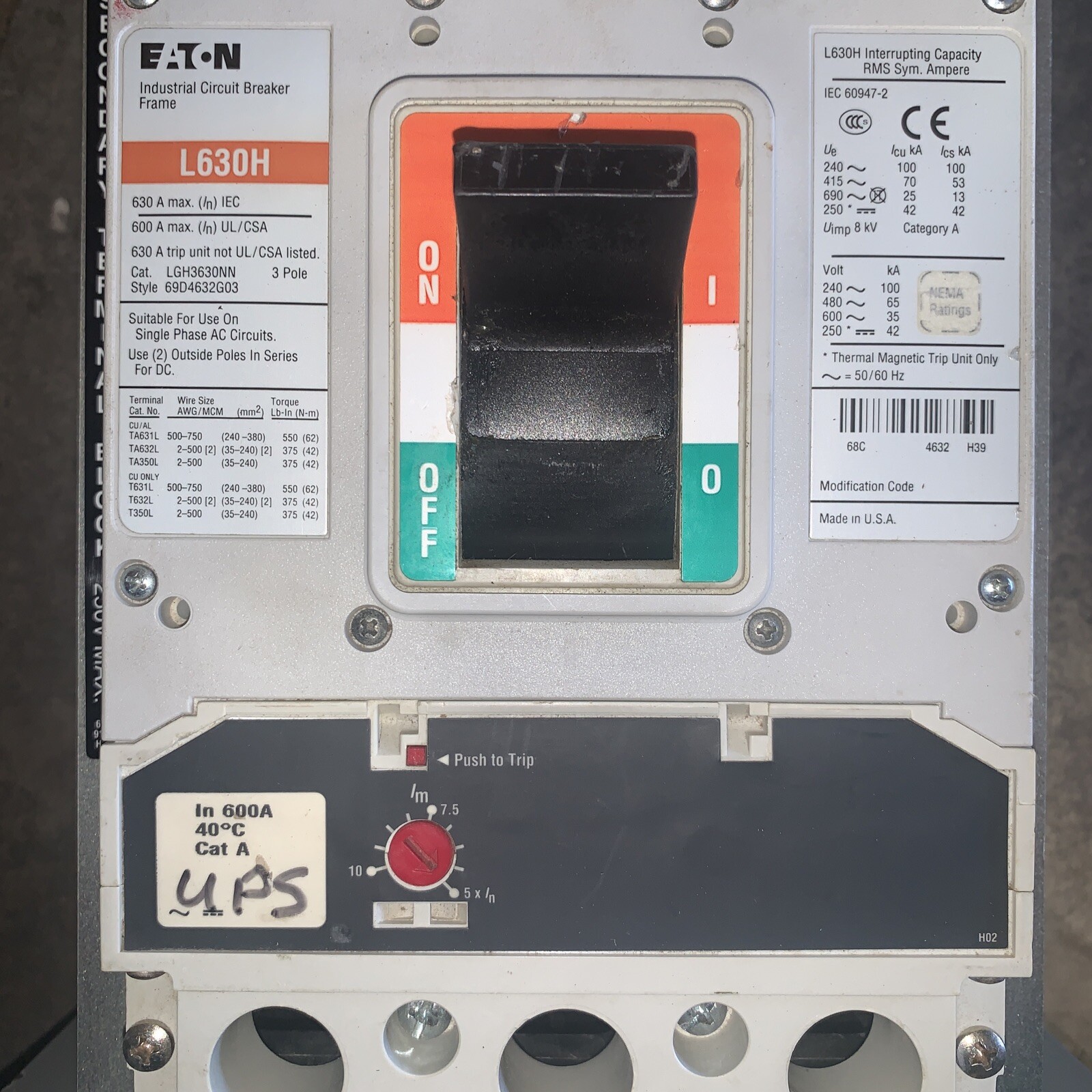 Eaton Circuit Breaker LGH3630NN 600 Amp 600 Volt 3 Pole W/ Trip Unit 600A
