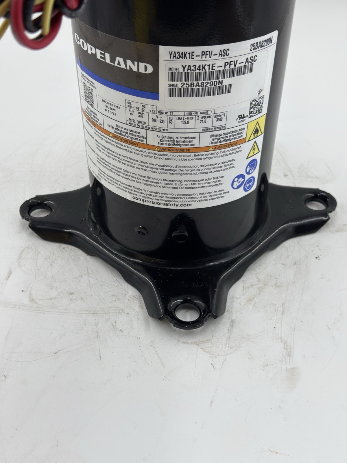 Copeland Scroll Compressor YA34K1E-PFV-ASC 230V 1 PH 60 Hz Tested #A1-21