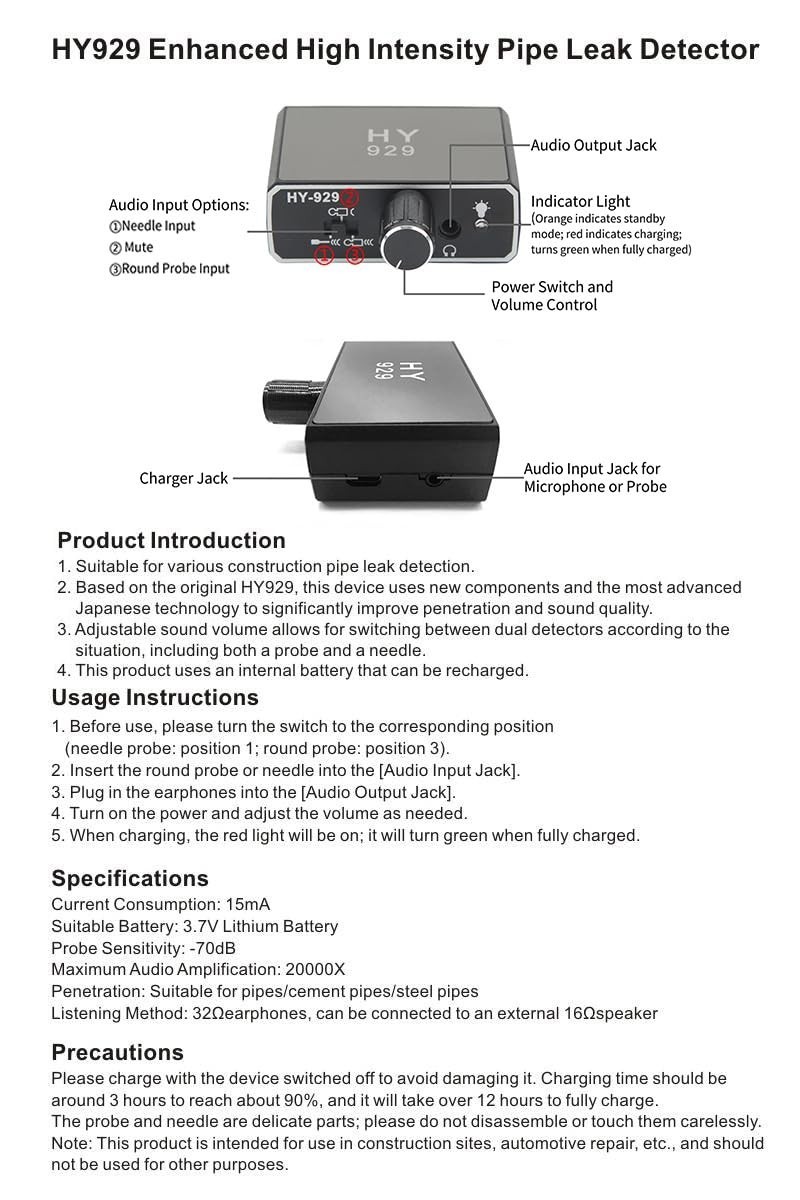 Precision Water Leak Detector with Dual Probes & High-Definition Audio Earphones