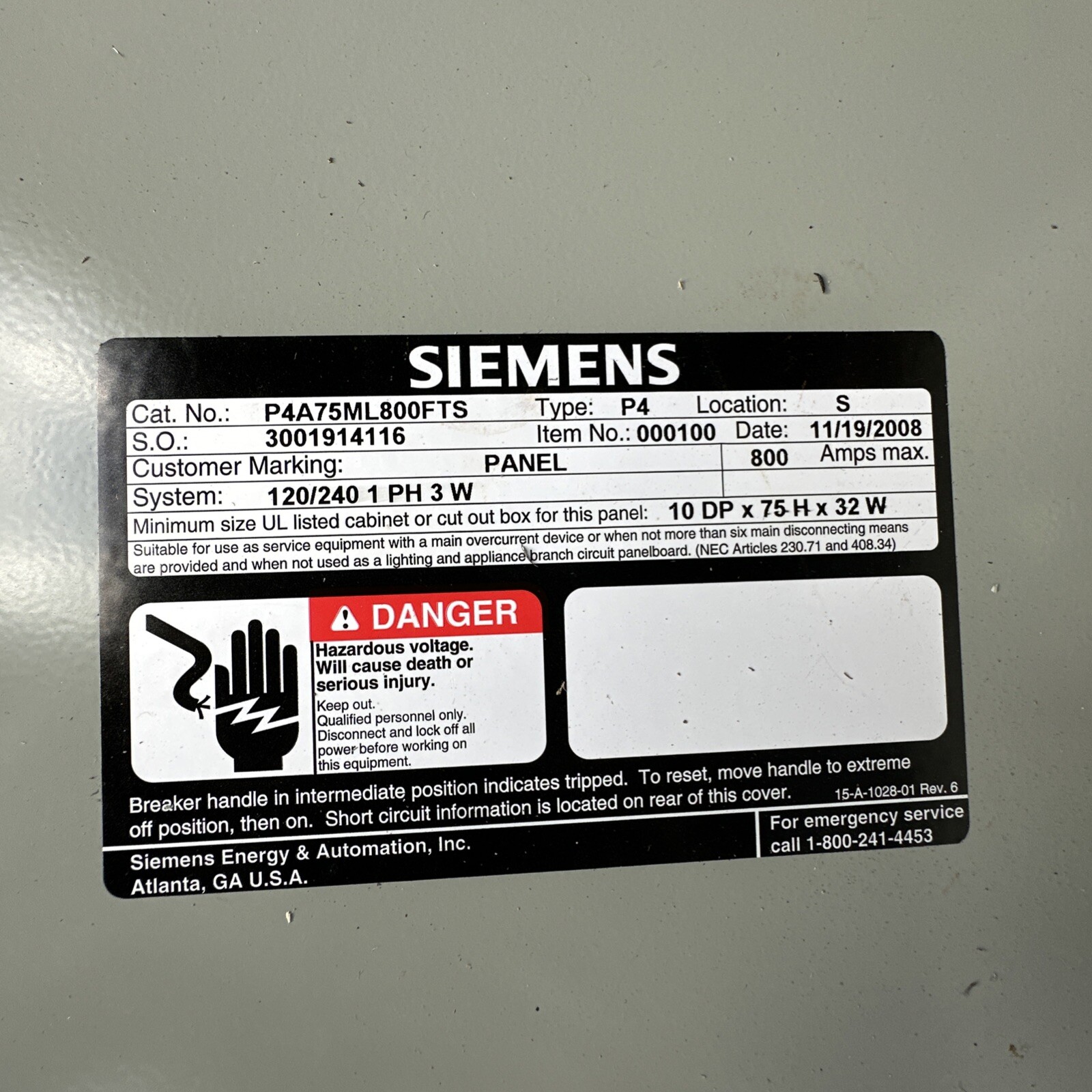 SIEMENS P3A75ML800FTS 800 AMP 120/240V 1PH/3W MDP MAIN LUG PANNEL-WARRANTY NEW