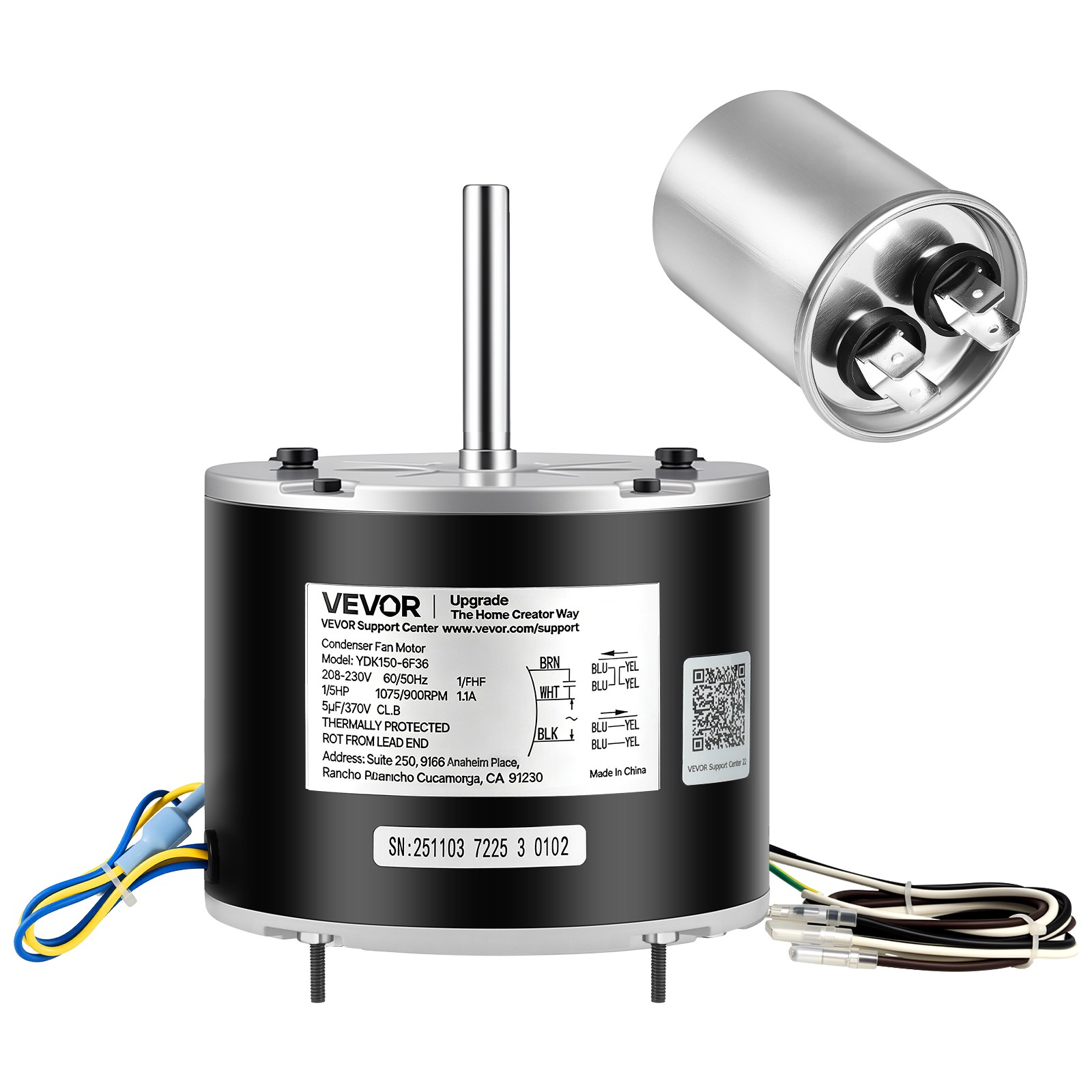 VEVOR Condenser Fan Motor with Capacitor 1/5HP 1075/900RPM 208-230V CW/CCW