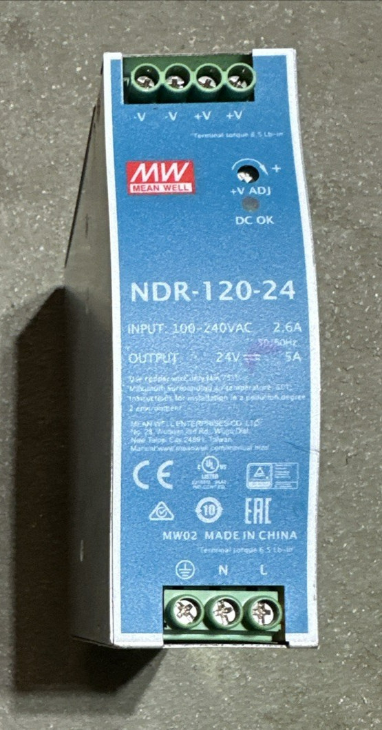 MEAN WELL NDR-120-24 DIN RAIL POWER SUPPLY OUTPUT 24VDC 5A INPUT 100-240VAC 2.6A