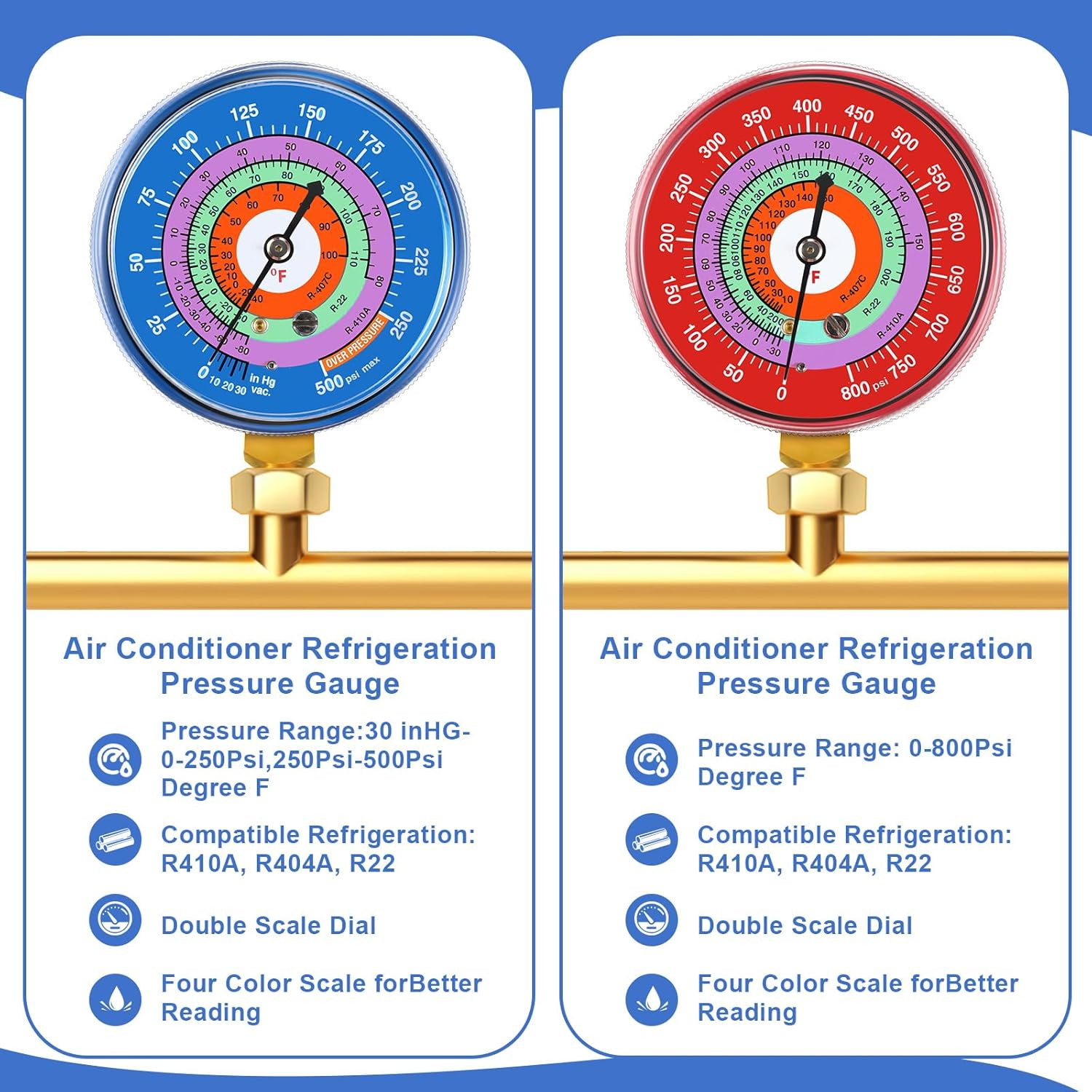 Refrigeration Pressure Gauge Kit R-134a, R-404a, R-2092, R-410a R-134a 0-800psi